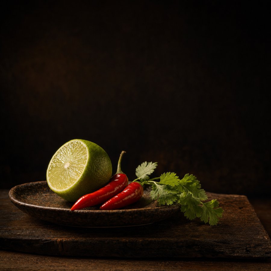 Halbierte Limette und zwei rote Chilischoten auf dunklem Untergrund (mit AI erstelltes Bild)